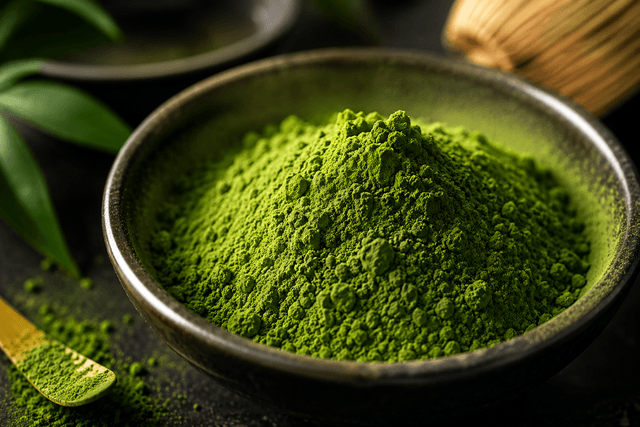 Matcha powder in a ceramic bowl with a bamboo whisk