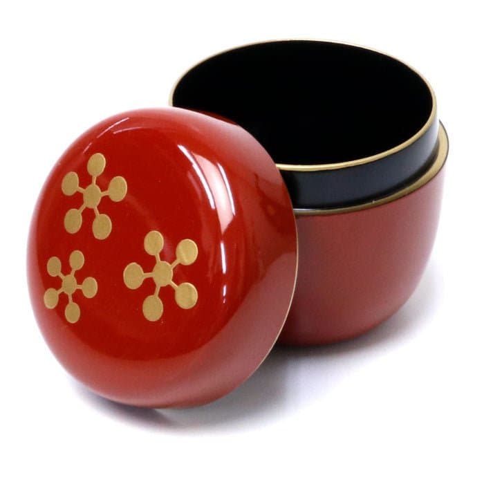 Medium Matcha Tea Caddy Natsume – Vermilion Rikyu Plum Makie with Gold Rim | Yamanaka Lacquerware Made in Japan by Hoshino Seichaen -- matcha product image