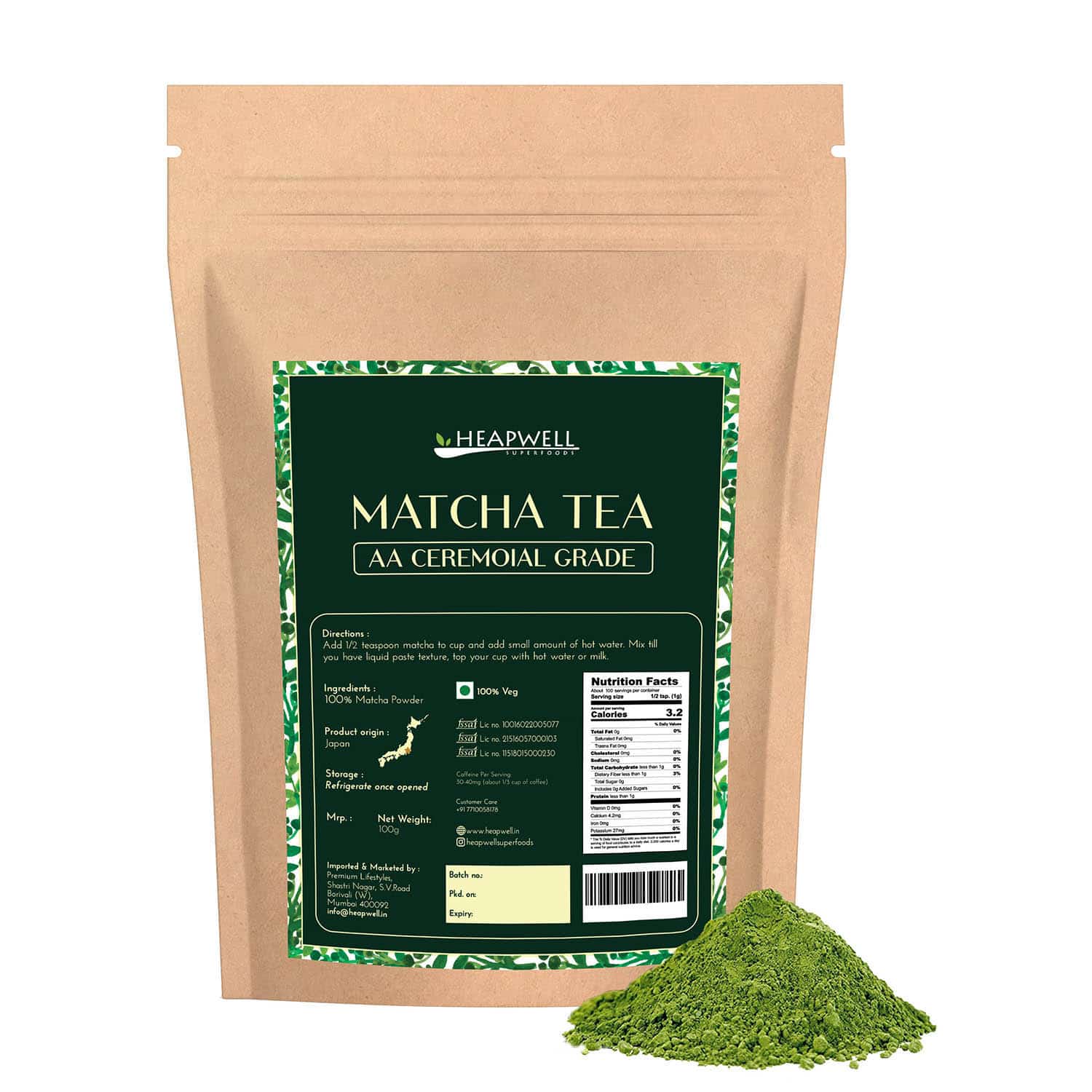 Ceremonial Matcha Green Tea, 100g BARISTA pack by Heapwell Superfoods -- matcha product image