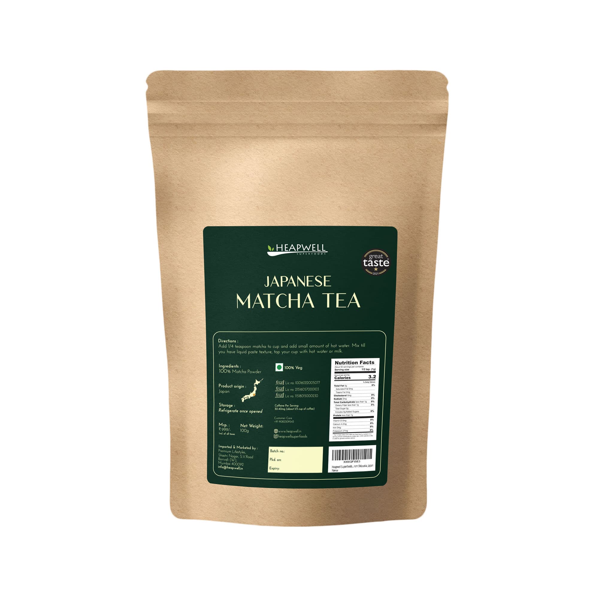Japanese Matcha Green Tea (Premium Grade) BARISTA pack, 100g by Heapwell Superfoods